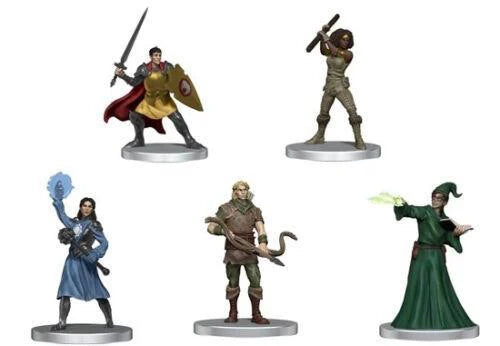 Five D&D Starter Set miniatures from Dragons of Stormwreck Isle with varied costumes, poses, weapons, and magic effects.