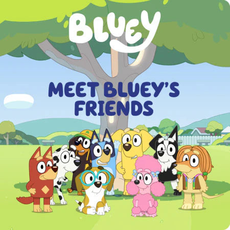 Meet Blueys Friends logo with a group of dogs, inspired by characters from Blueys friends on Disney+.