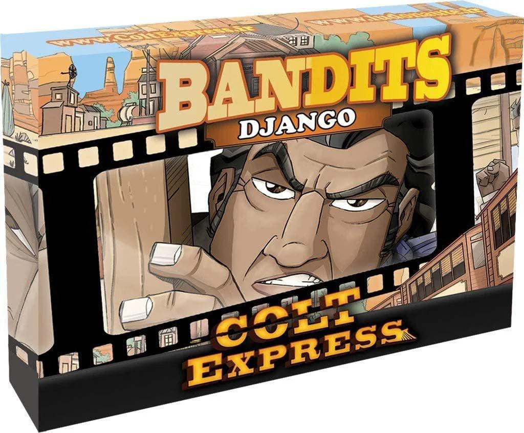 Colt Express Bandit Pack: Django Expansion box featuring a cartoon bandit breaking through a train window.