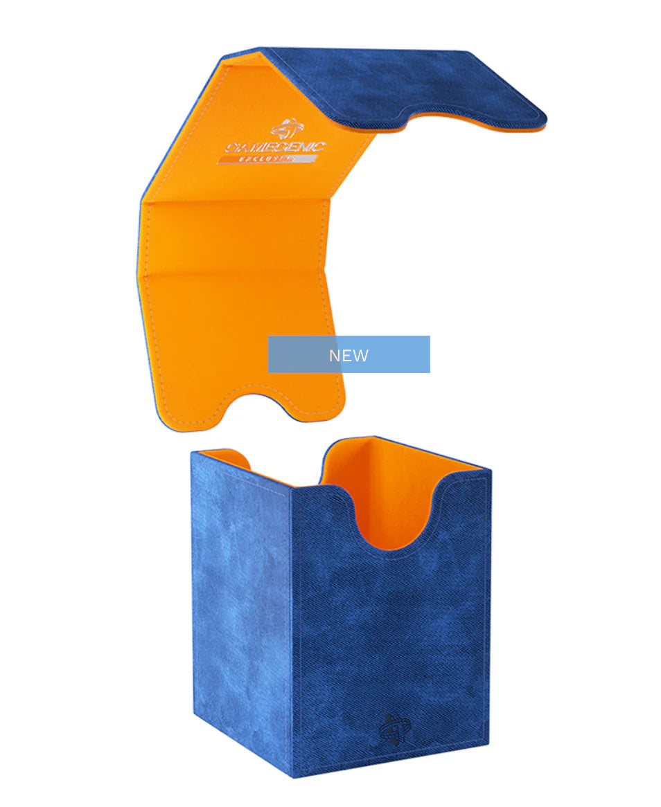 Squire 100+ XL blue and orange deck box with open lid, fits 100 double-sleeved cards.