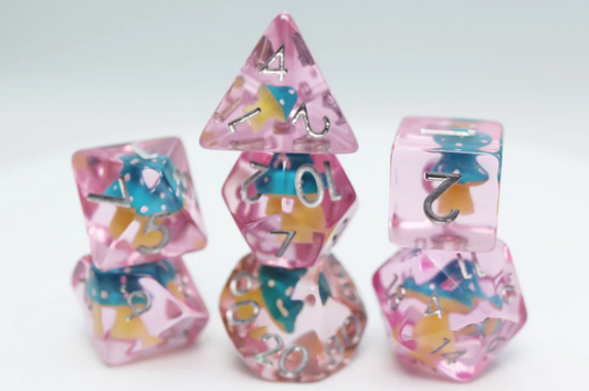 Blue transparent resin polyhedral dice set featuring mushroom designs.
