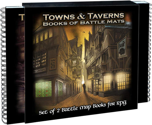 Towns & Taverns Book of Battle Mats cover featuring a fantasy town street; includes two RPG map books.