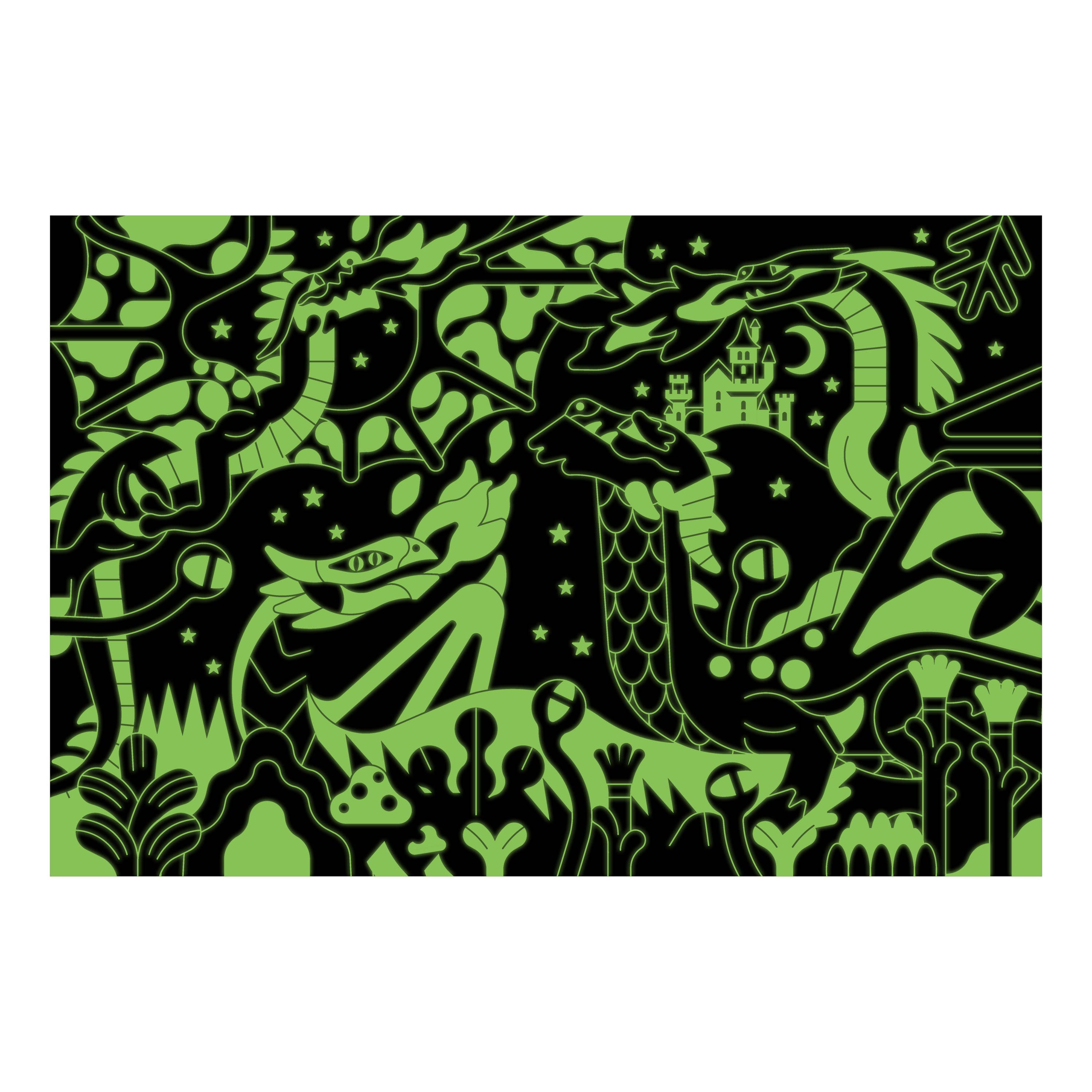 Dragons 100 Piece Glow in the Dark Puzzle featuring green dragons, plants, and a castle on a black background.