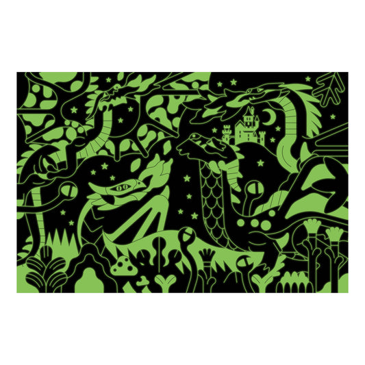 Dragons 100 Piece Glow in the Dark Puzzle featuring green dragons, plants, and a castle on a black background.