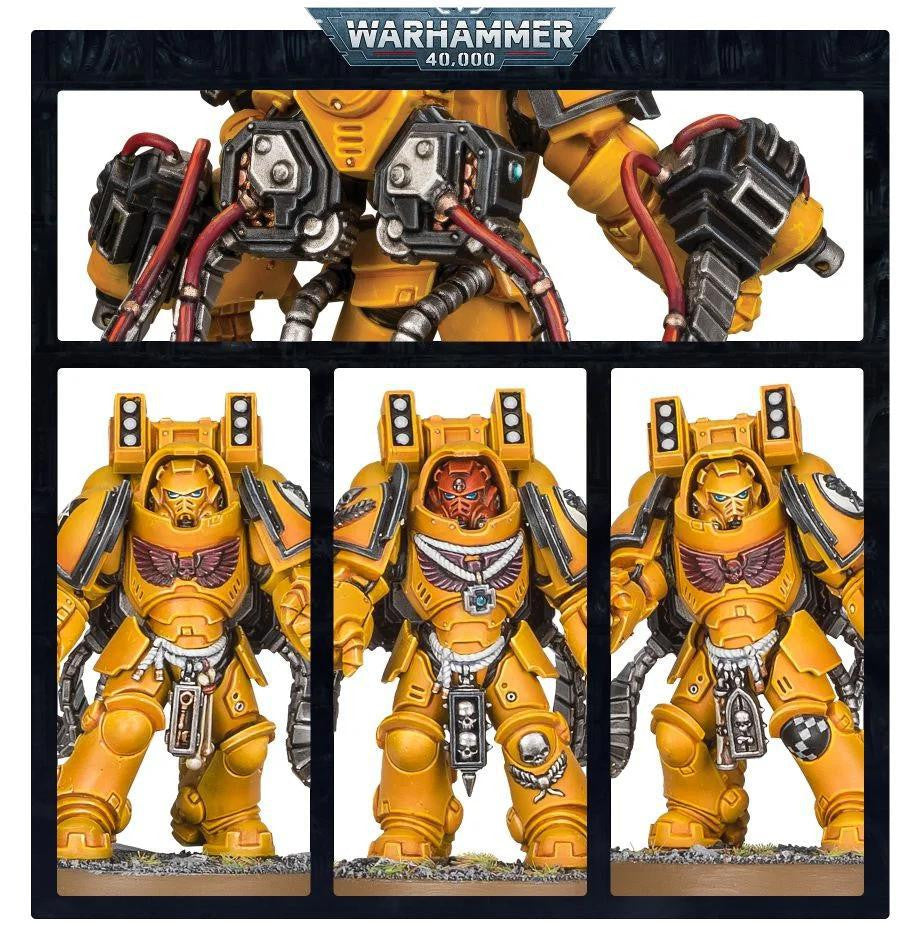 Imperial Fists Bastion Strike Force Space Marines in yellow Gravis armor with red accents and gear, set of three.
