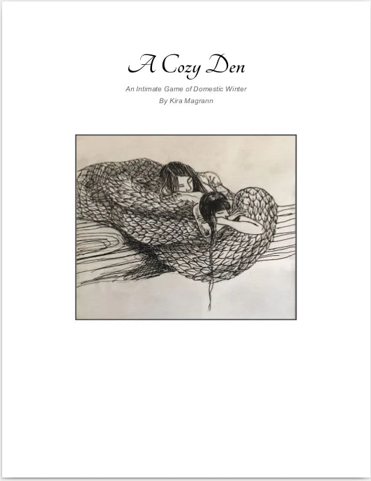 Pencil drawing of a person curled up in a cozy den, resting peacefully like Lesbisnakes in an RPG.