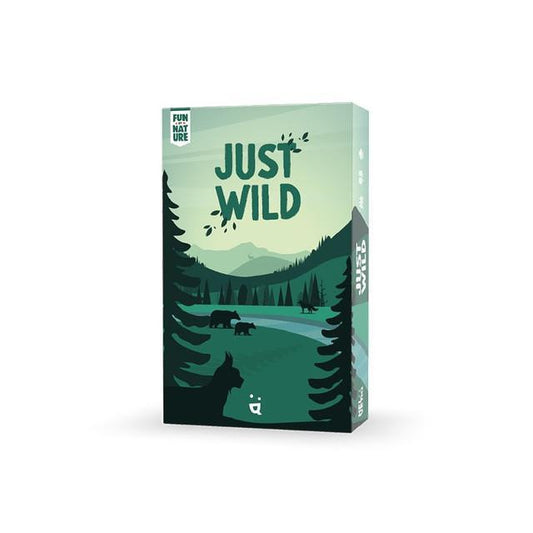 Just Wild board game box with forest scene including wolf, bears, trees, and green mountain tones.