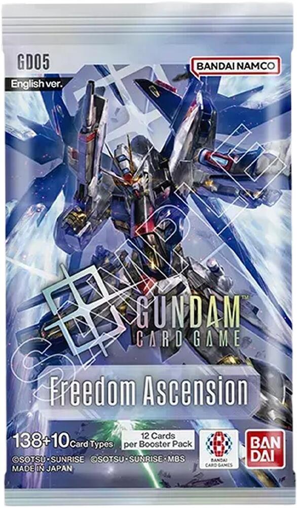 Freedom Ascension Booster Pack [GD05] with Gundam robot artwork and Bandai Namco logos on packaging.