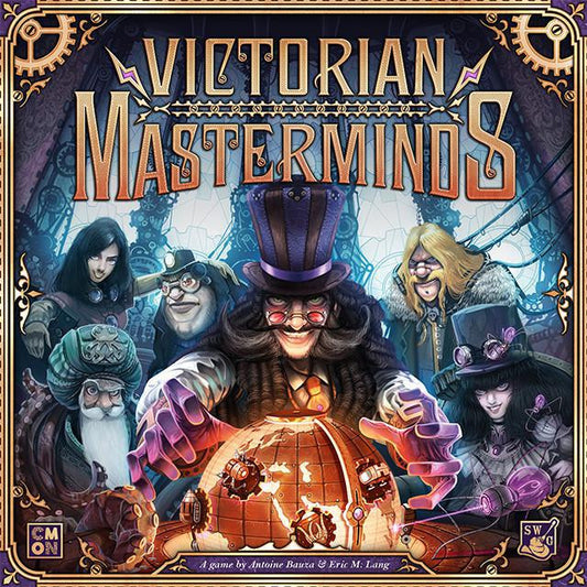 Victorian Masterminds strategy board game featuring six characters around a mechanical globe.