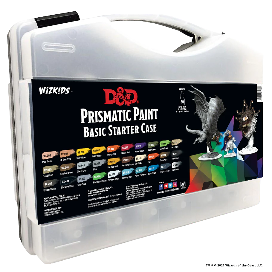 Dungeons & Dragons - Vallejo Prismatic Paints Basic Starter Set in a white plastic case with acrylic paints and minis.