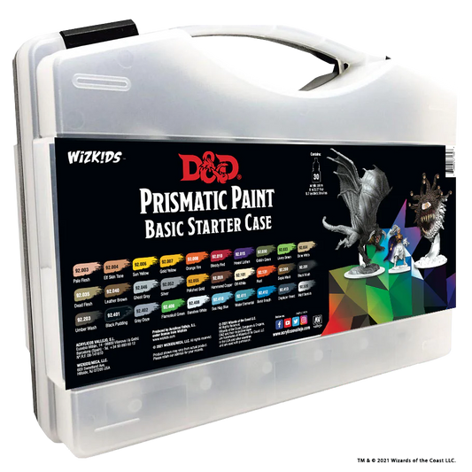 Dungeons & Dragons - Vallejo Prismatic Paints Basic Starter Set in a white plastic case with acrylic paints and minis.