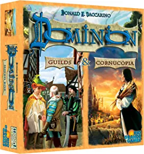 Dominion Cornucopia & Guilds Expansion box with medieval characters and Kingdom cards depicted on the packaging.