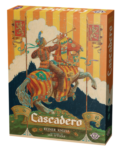Cascadero board game box displaying a medieval knight jousting on horseback; tile placement strategy game.
