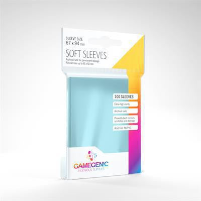 Gamegenic Soft Card Sleeves, pack of 100 clear sleeves (67x94mm) in colorful packaging.