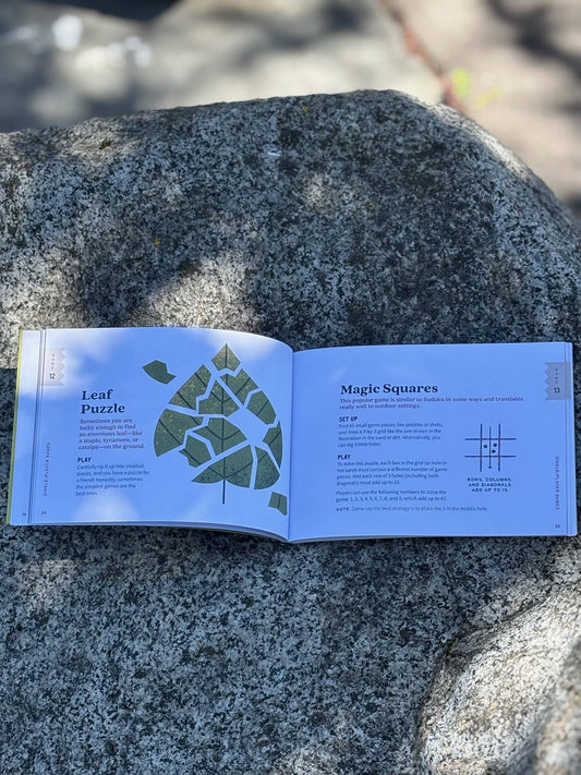 Sticks, Stones & Pinecones open book with a leaf puzzle and magic squares made from foraged materials on a stone surface.