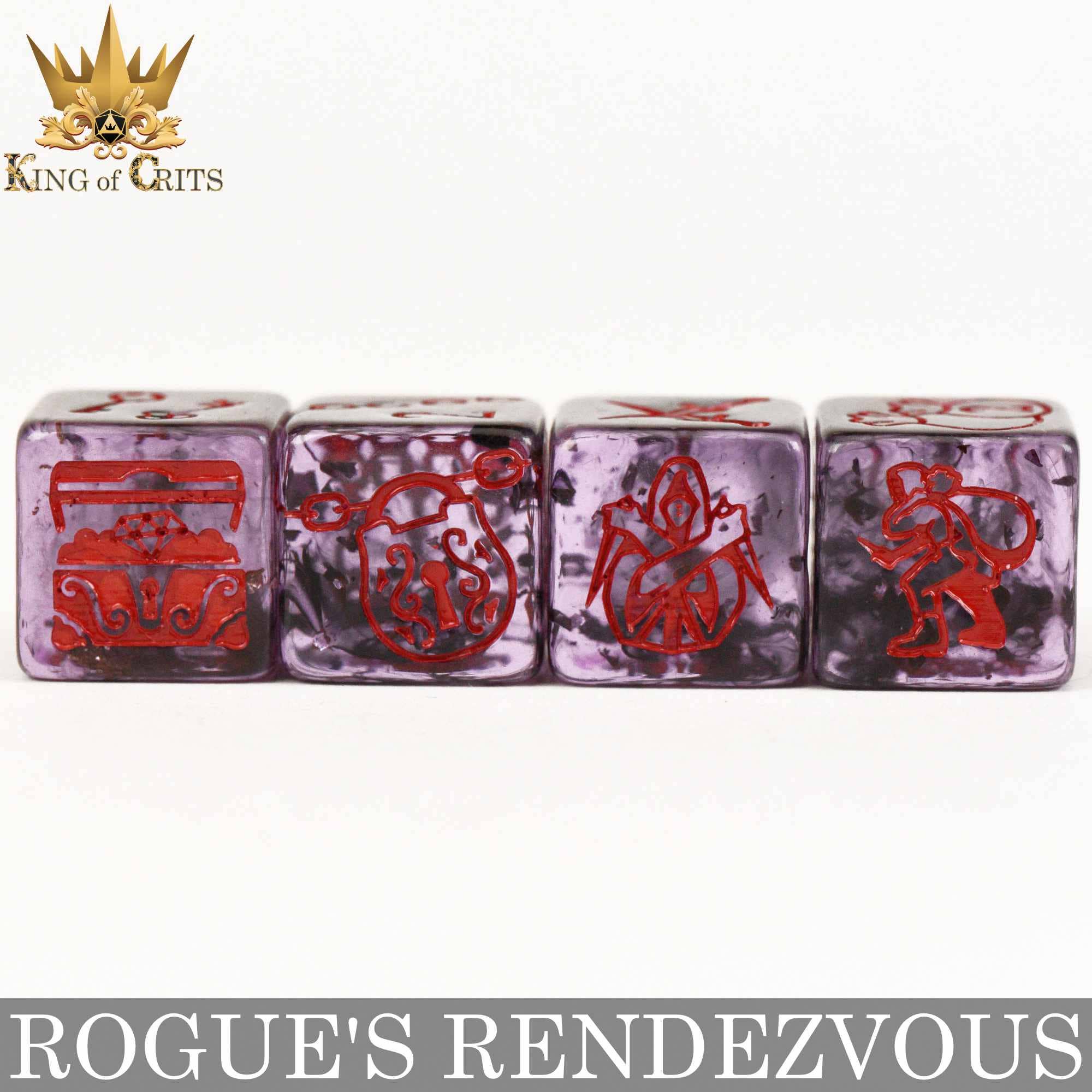 Rogues Rendezvous 11-piece dice set, marbled design with red etchings: chest, lockpicks, hooded rogue, sneaky figure.