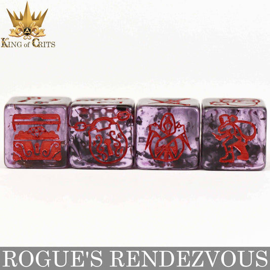 Rogues Rendezvous 11-piece dice set, marbled design with red etchings: chest, lockpicks, hooded rogue, sneaky figure.