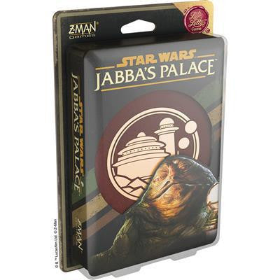 Jabbas Palace: A Love Letter Game in its box with Jabba the Hutt and palace illustration on the packaging.