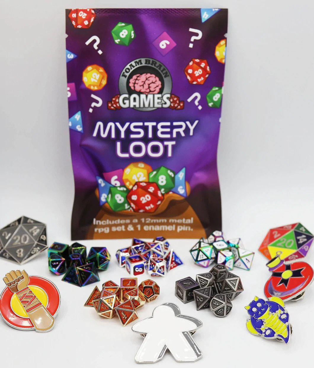 Mini Metal RPG dice set with enamel pin, showing colorful dice in front.