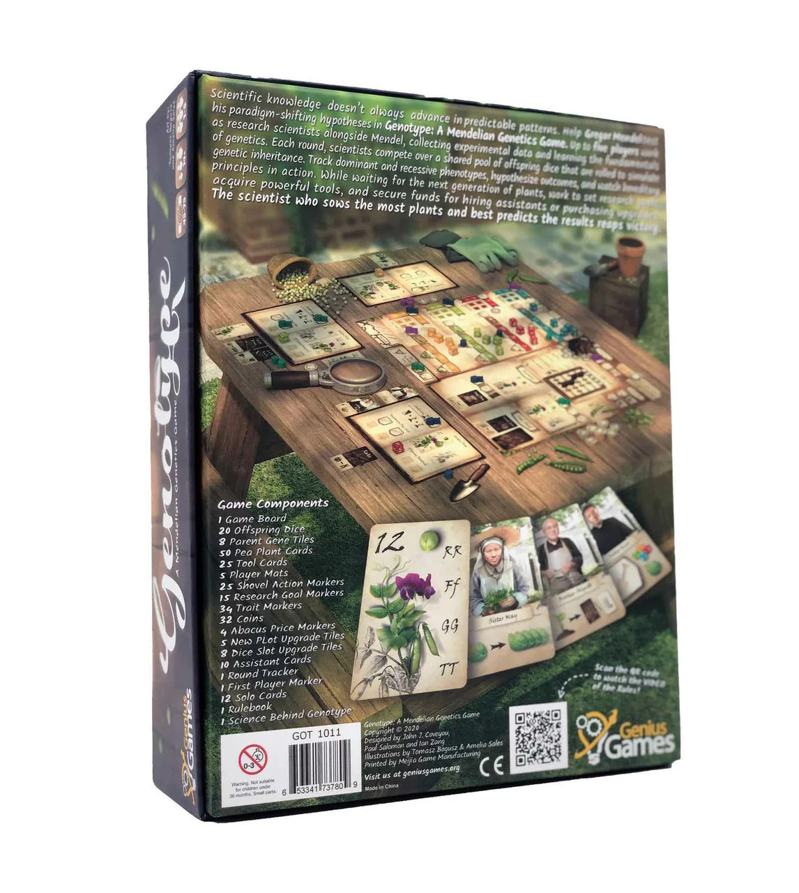 Back of Genotype board game box displaying components and Mendelian genetics gameplay information.
