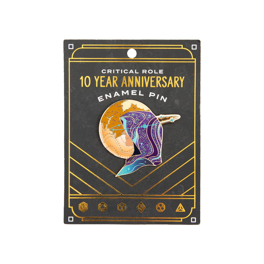 Critical Role 10 Year Anniversary Enamel Pin with globe and multicolor starry cloak design on card.