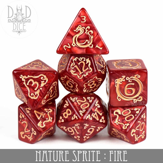 Nature Sprite: Fire acrylic 7-dice set, red with gold numbers.