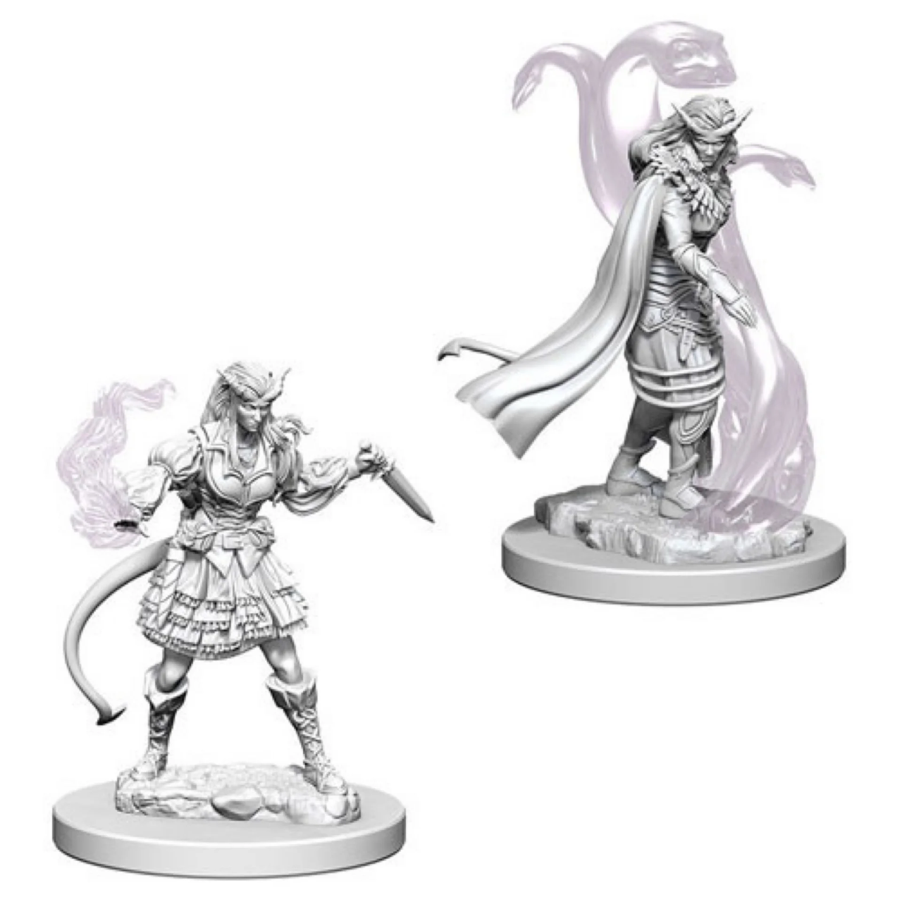 D&D Mini: Tiefling Female Sorcerer with curved blade, includes additional figure among translucent serpent shapes.