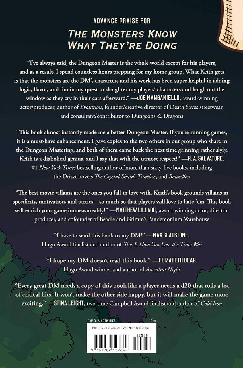 Back cover of The Monsters Know What Theyre Doing with review quotes for Dungeon Masters and D&D fans.