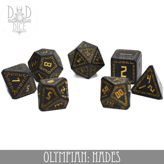 Olympian: Hades 7-piece black and gold resin dice set with Greek key patterns.