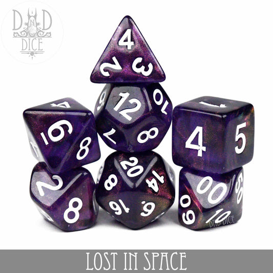 Lost in Space glittery purple acrylic 7-dice set for tabletop gaming, includes d4, d6, d8, d10, d12, d20, and d100.