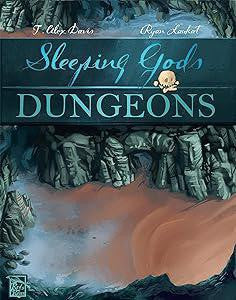 Sleeping Gods: Dungeons game cover featuring rocky cliffs, sandy ground, and a skull graphic.