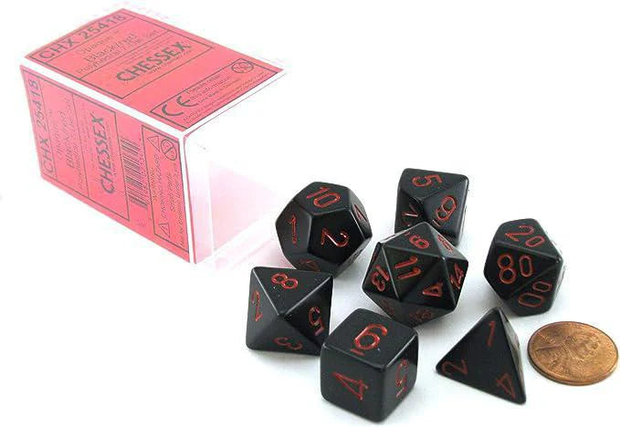 Chessex Opaque Polyhedral 7-Die Set with dice box on a white surface.