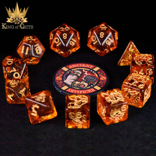 The Ancient Artificer 11 Dice Set with translucent orange dice, gold numbers, and a circular token.