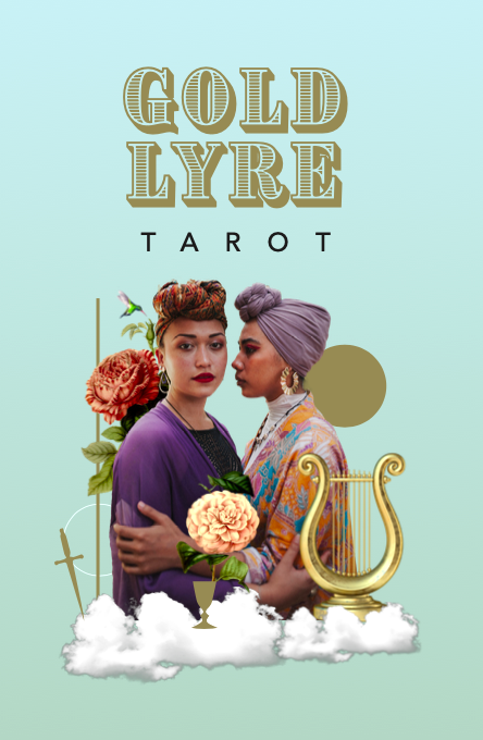Gold Lyre Tarot deck featuring two women embracing with flowers, a lyre, sword, and clouds on the cover.