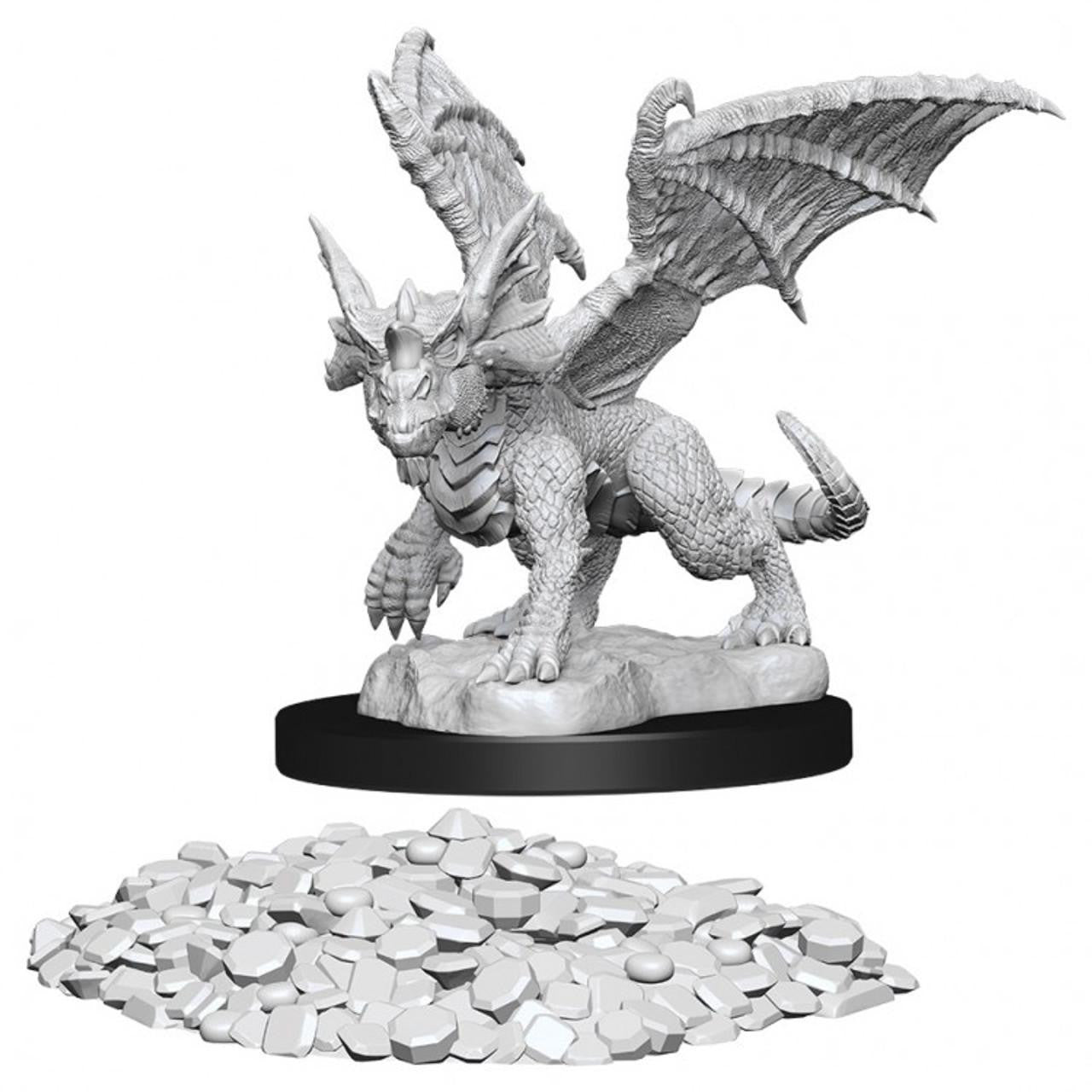 D&D: NMU: Blue Dragon Wyrmling W10 miniature on a black base with coins and gems.