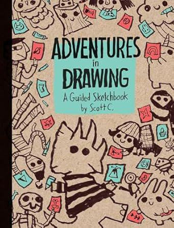 Adventures in Drawing book cover with cartoon characters and doodles on a brown background.