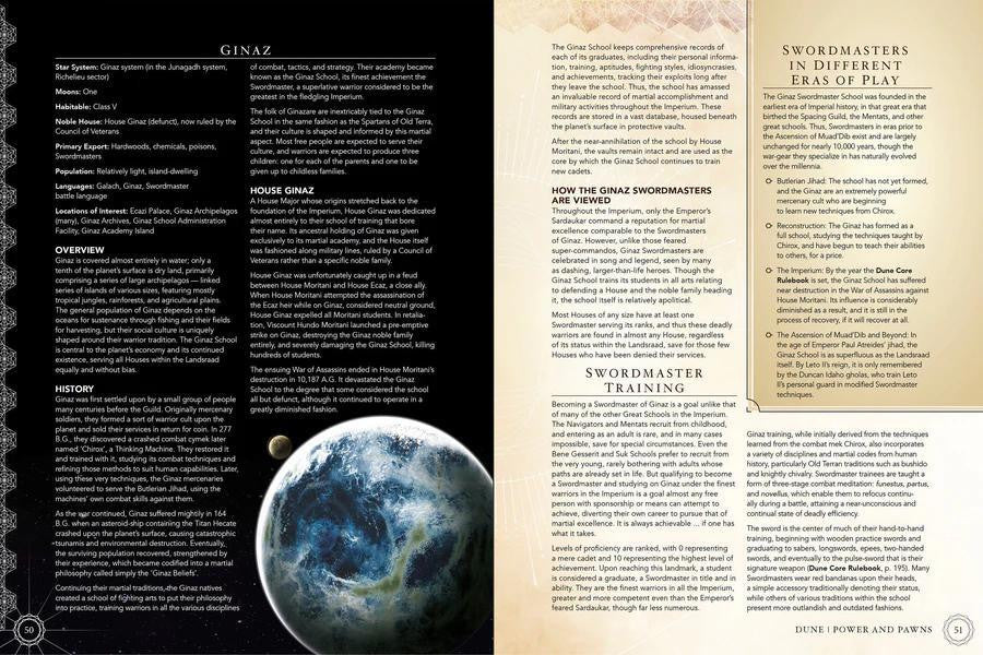 Dune RPG Power and Pawns book open to pages featuring planet images and information on Ginaz swordmasters and training.