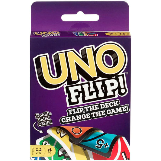 Purple UNO Flip card game box with Flip the Deck, Change the Game and double-sided deck images.