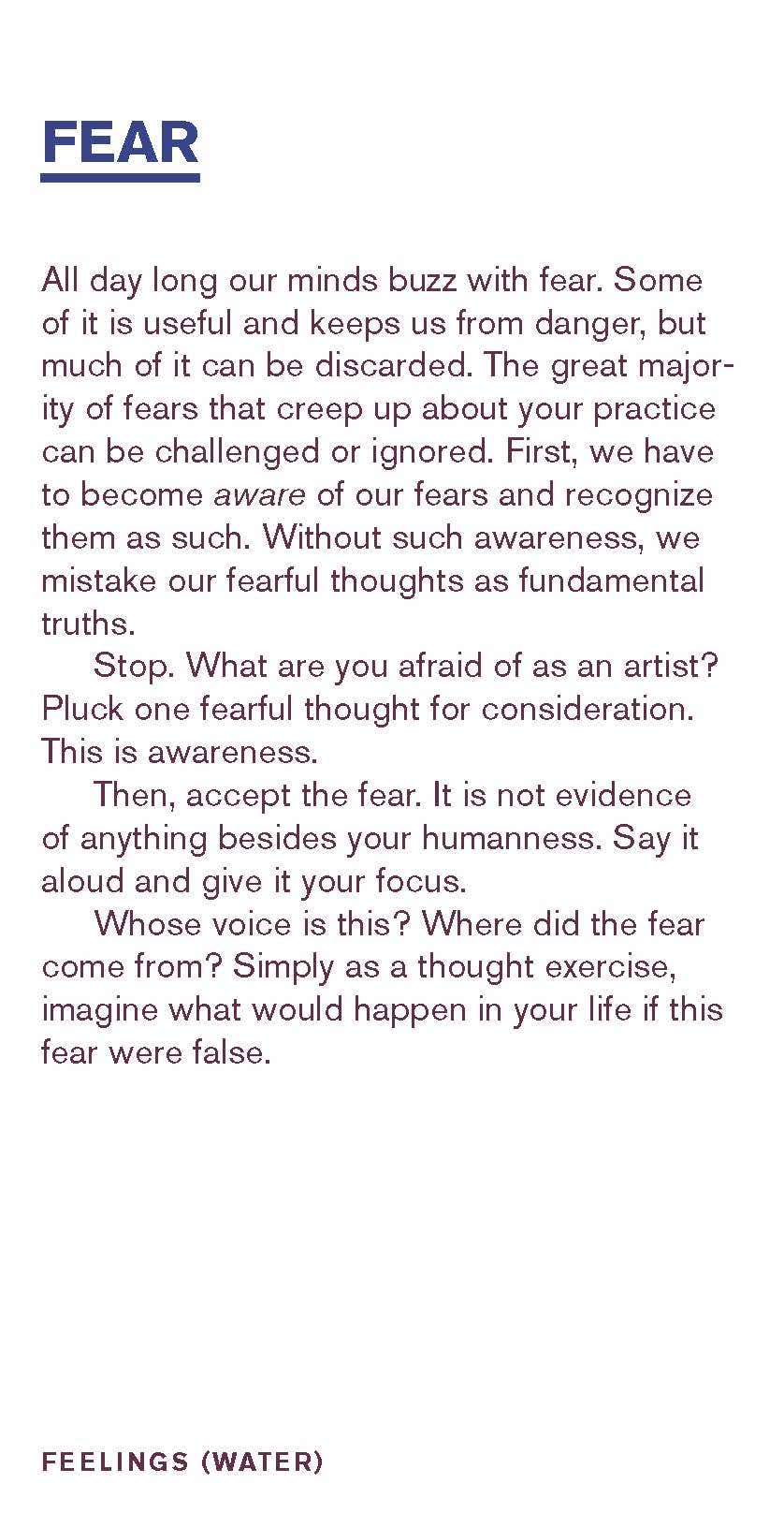 Artists Deck page with bold FEAR heading and text on overcoming fear and creative block.