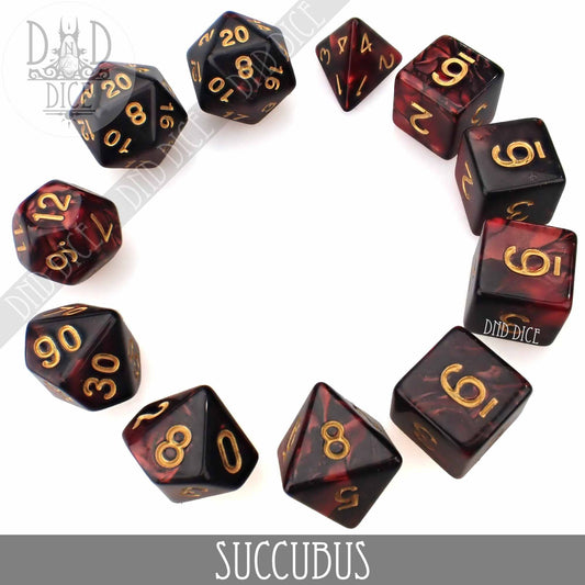 Succubus acrylic DND dice set, 7 or 11 pieces, black and red with gold numbers.
