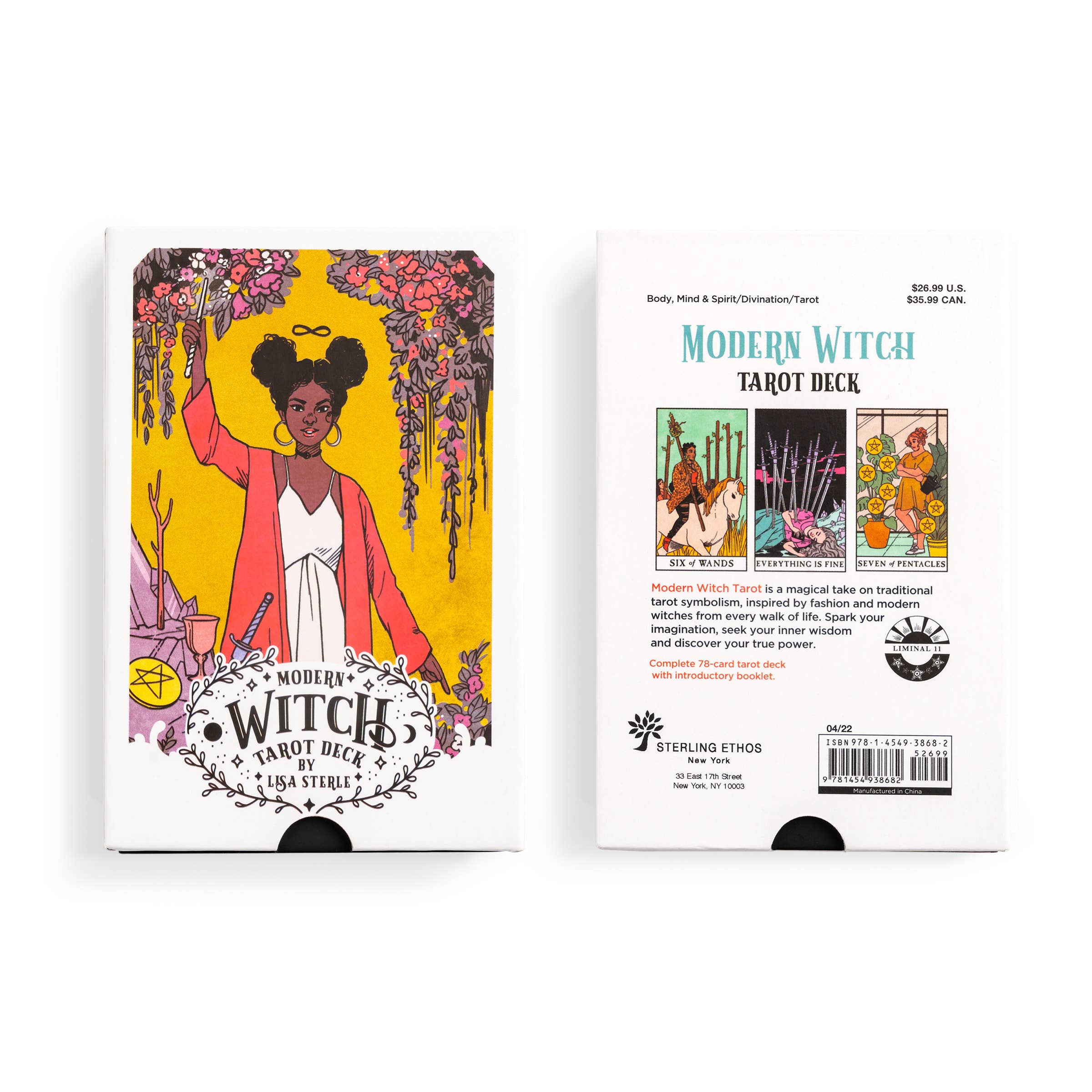 Modern Witch Tarot Deck box front and back, with tarot cards and illustrated cover art visible.