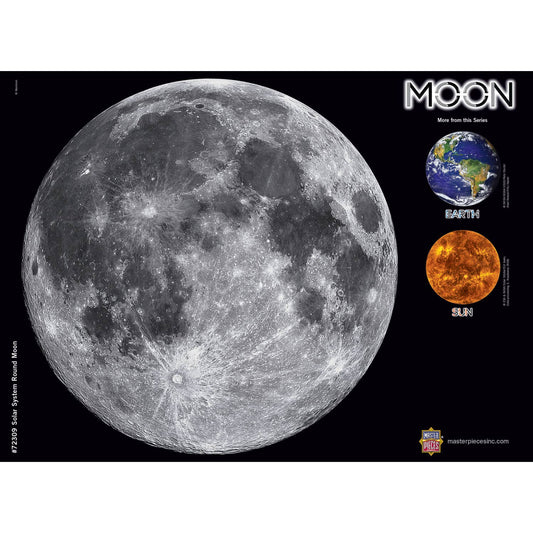 Earth’s Moon in the night sky with Earth and Sun labeled on the right.