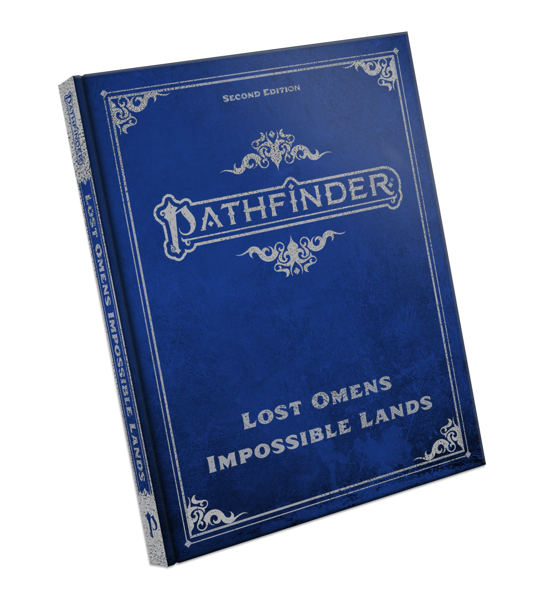 Pathfinder 2E Lost Omens: Impossible Lands Special Edition, blue hardcover with silver trim, features immortal wizard kings.