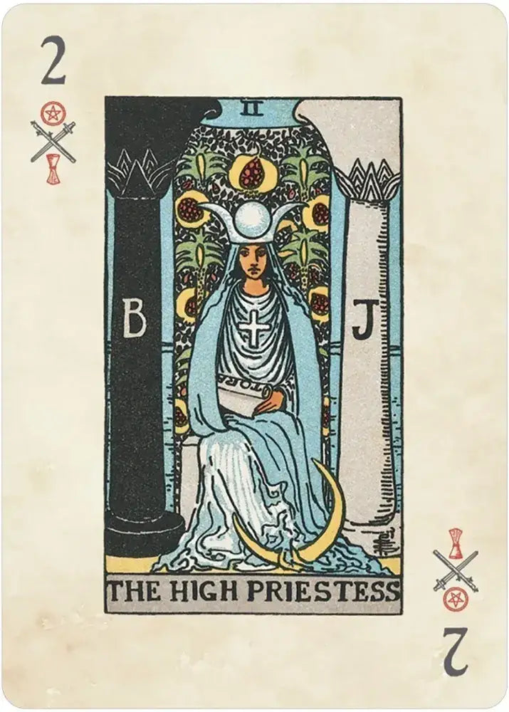 Rider-Waite™ Playing Card Deck, The High Priestess card, number 2, with pillars and crossed swords.