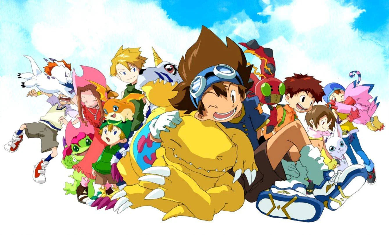Digimon Casual Structure Deck event featuring animated kids and monsters under a blue sky.