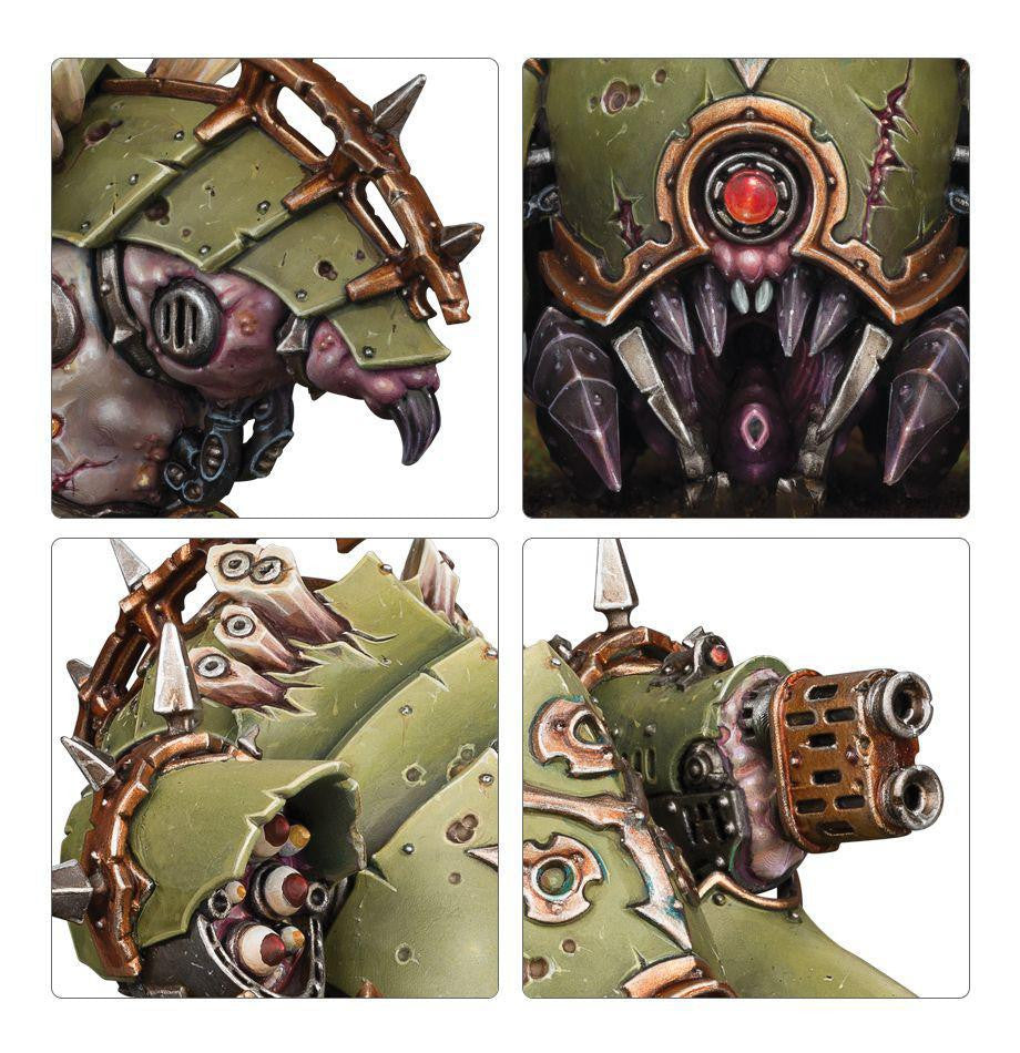 Death Guard Myphitic Blight-hauler Daemon Engine with spikes, armor plating, and green metallic details shown close-up.