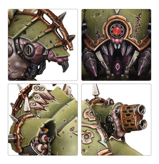 Death Guard Myphitic Blight-hauler Daemon Engine with spikes, armor plating, and green metallic details shown close-up.