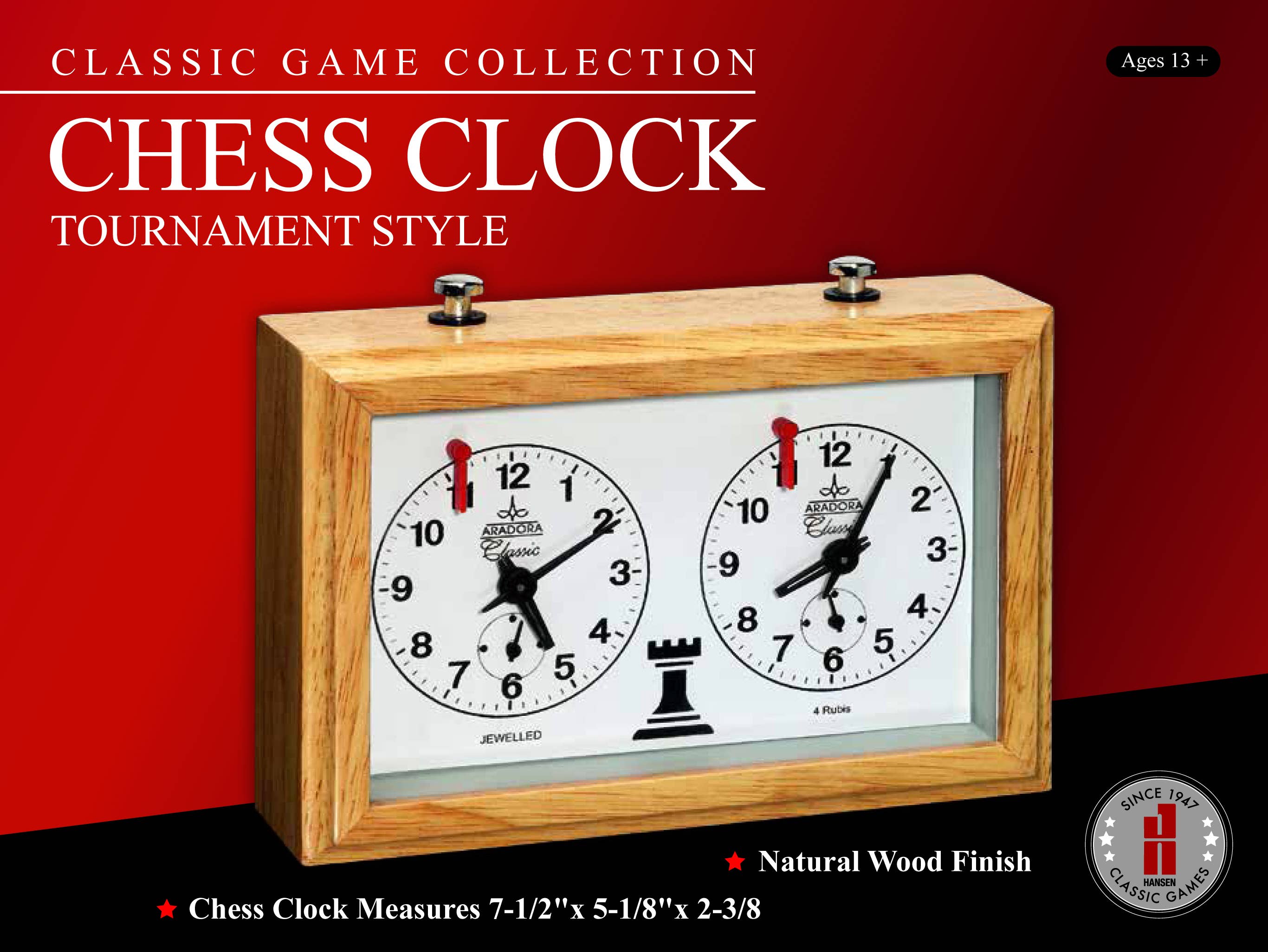 Tournament style chess clock with two dials, buttons, and a natural wood finish.