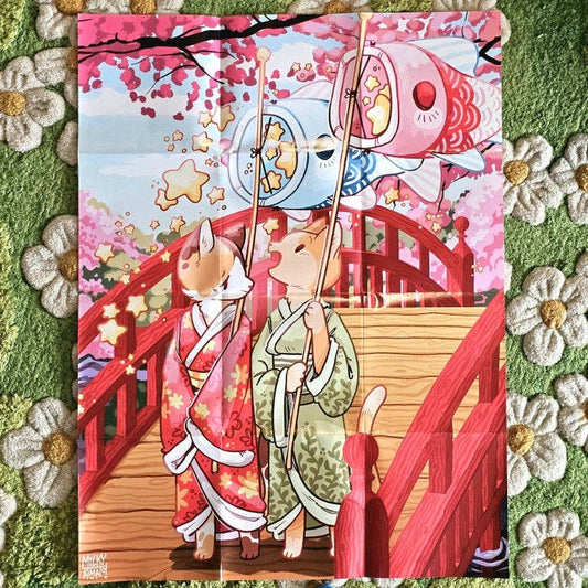 Kimono Kitties 500-piece puzzle featuring cats in kimonos, koi streamers, red bridge, and cherry blossoms.