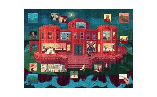 World of Agatha Christie: And Then There Were None Puzzle with red mansion, portraits, and crescent moon.